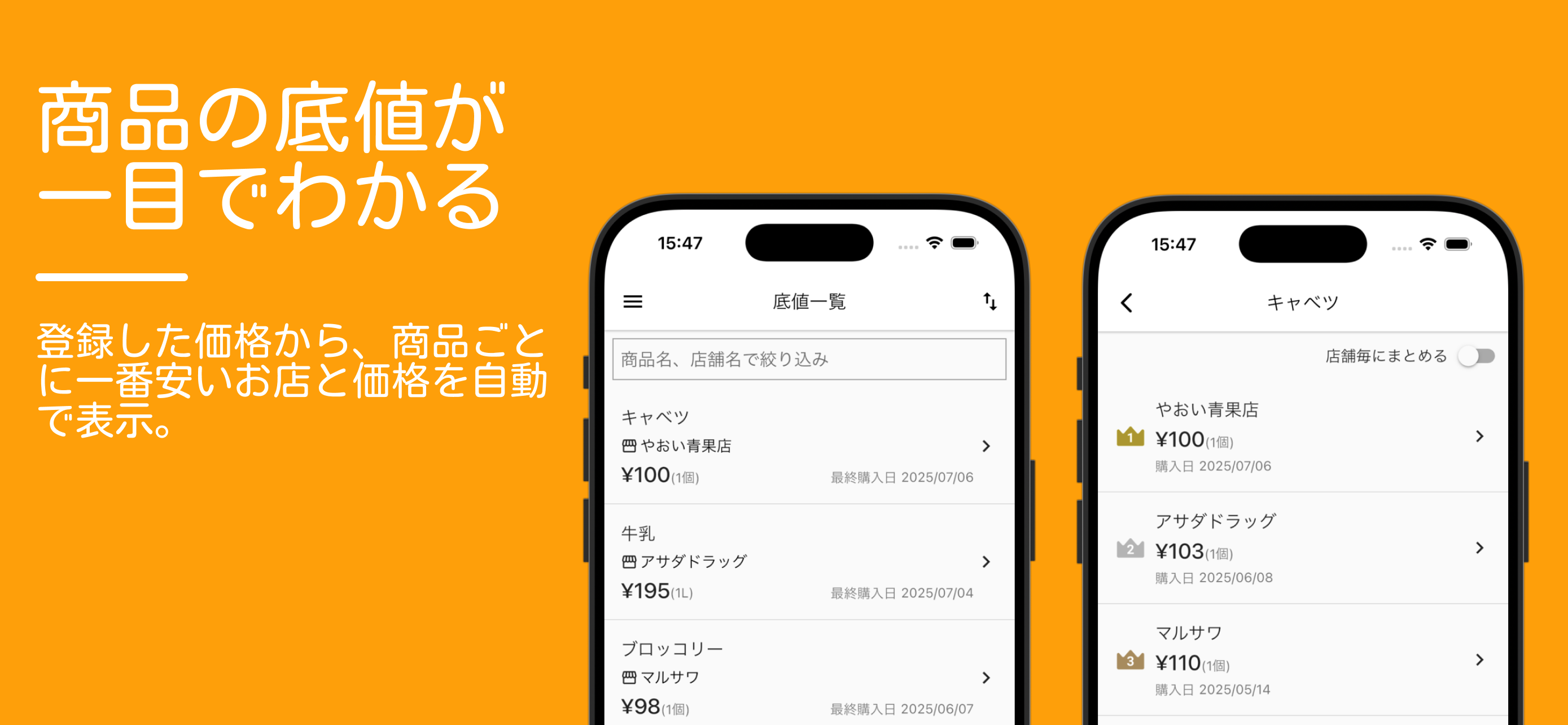底値一覧と店舗別ランキング画面